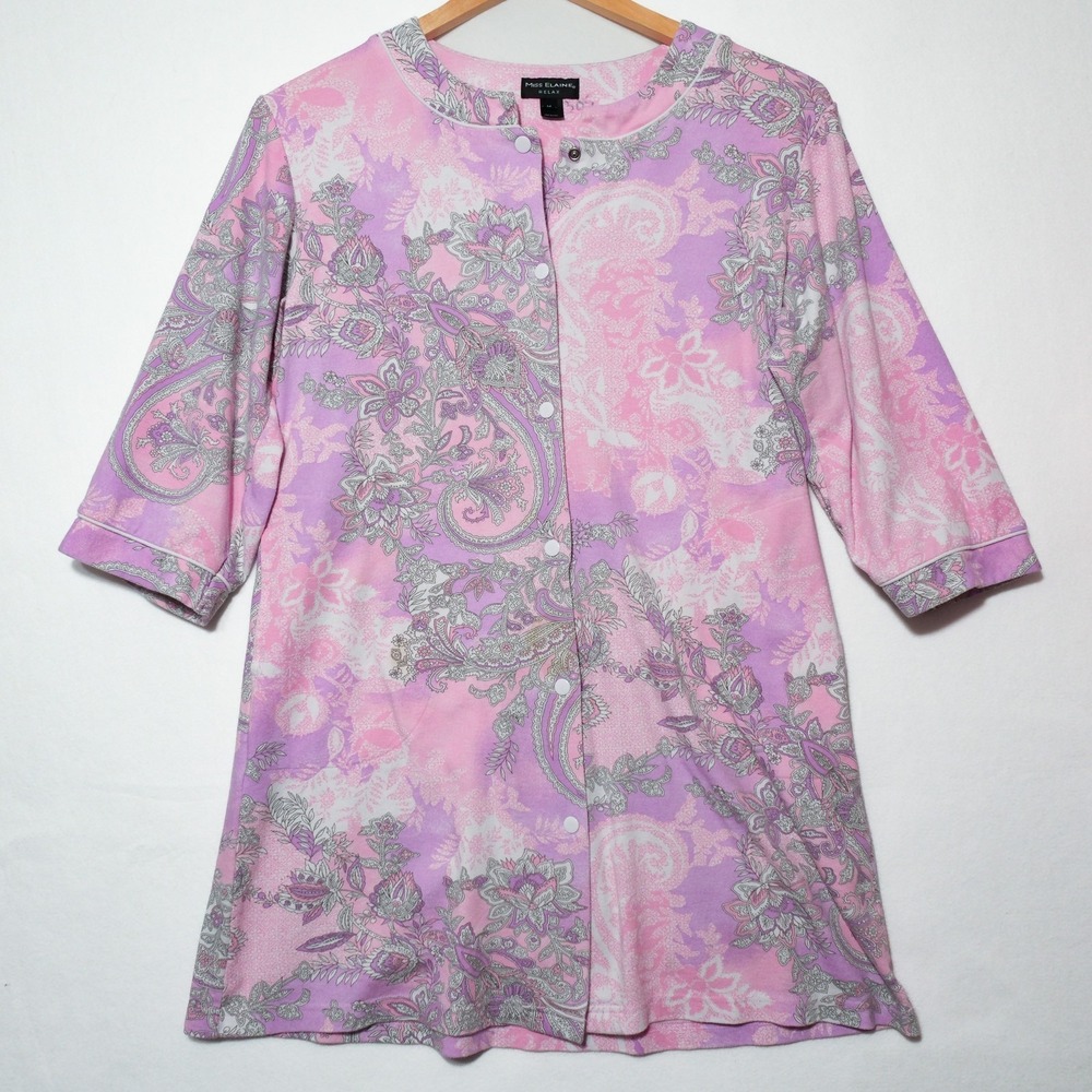 Miss Elaine Relaxed Gown House Dress Women M Snap Front Half Sleeve Pink Paisley